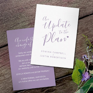 Wedding change of plan purple white cancellation enclosure card