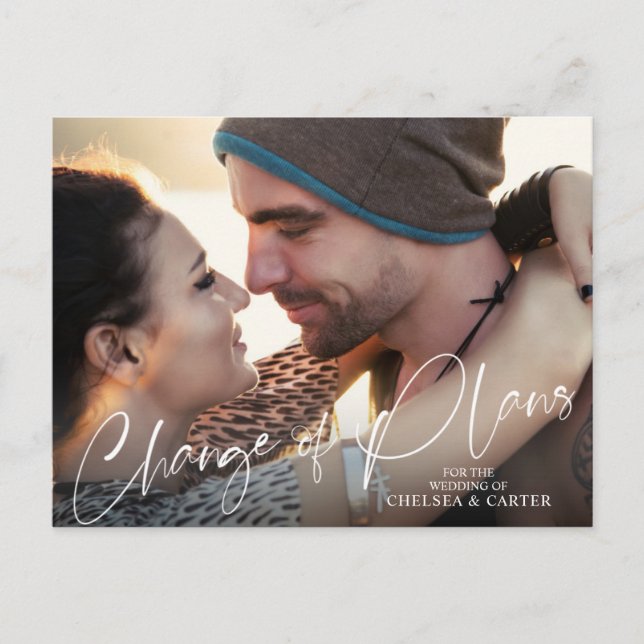 Wedding Change of Plans Modern Script Photo Postcard (Front)