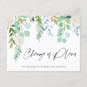 Wedding Change of Plans Watercolor Floral Greenery Announcement Postcard