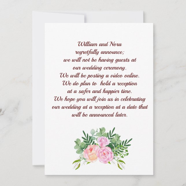 Wedding Change of Plans, With Pink Rose Peony Announcement (Front)