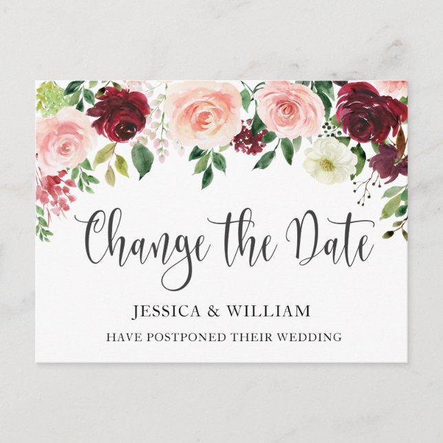 Wedding Change the Date Blue Blush Roses Postcard (Front)