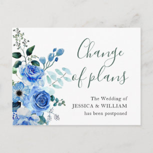 Wedding Change the Date Blue Blush Roses Postcard