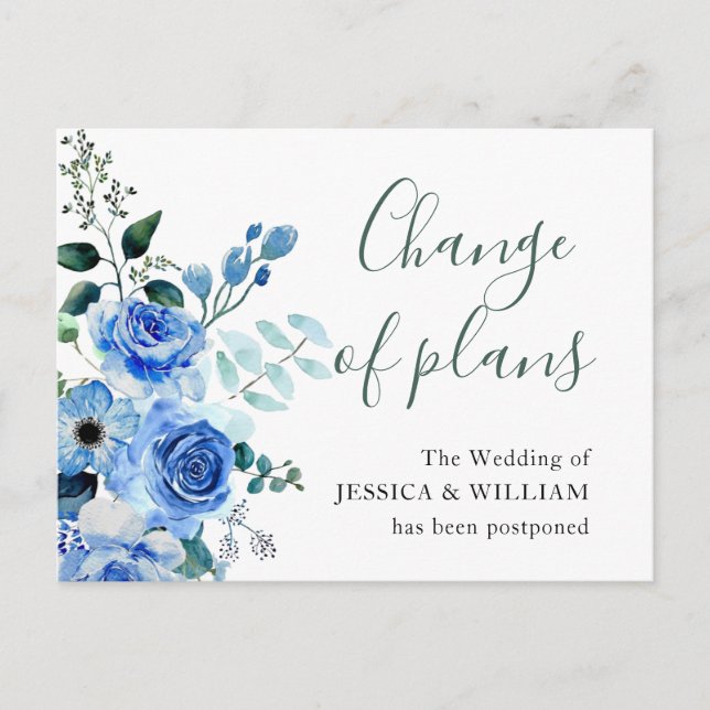 Wedding Change the Date Blue Blush Roses Postcard (Front)