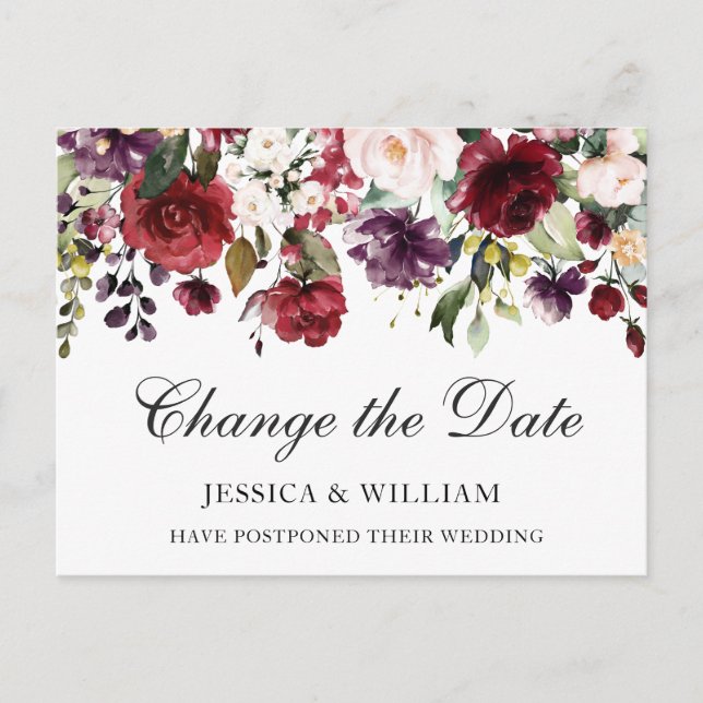 Wedding Change the Date Burgundy Blush Roses Postcard (Front)