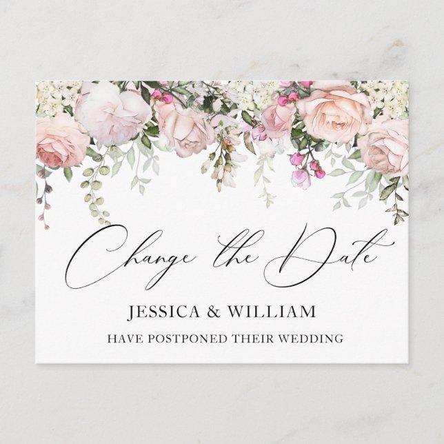 Wedding Change the Date Elegant Blush Roses Postcard (Front)