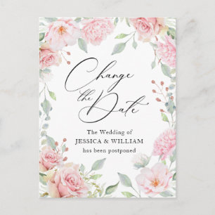 Wedding Change the Date Elegant Blush Roses Postcard