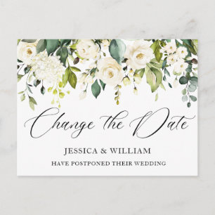 Wedding Change the Date Elegant White Roses Postcard