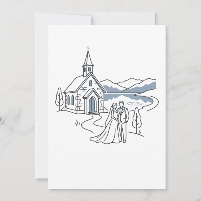 Wedding chapel by mountain lake  invitation (Front)