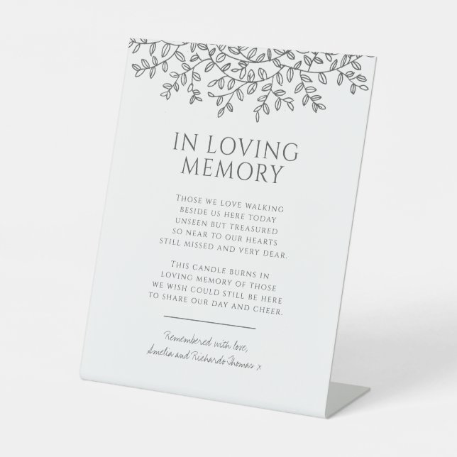Wedding charcoal grey leaf monogram loving memory pedestal sign (Front)