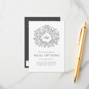 Wedding charcoal white leaf monogram meal options enclosure card