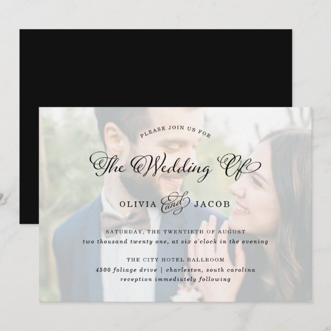 Wedding Charm | Black and White Calligraphy Photo Invitation (Front/Back)