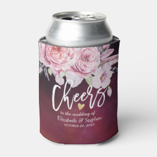 Wedding Cheers to Love Boho Flowers Burgundy Red Can Cooler