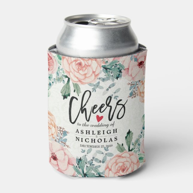 Wedding Cheers to Love Elegant Watercolor Flowers Can Cooler (Can Front)