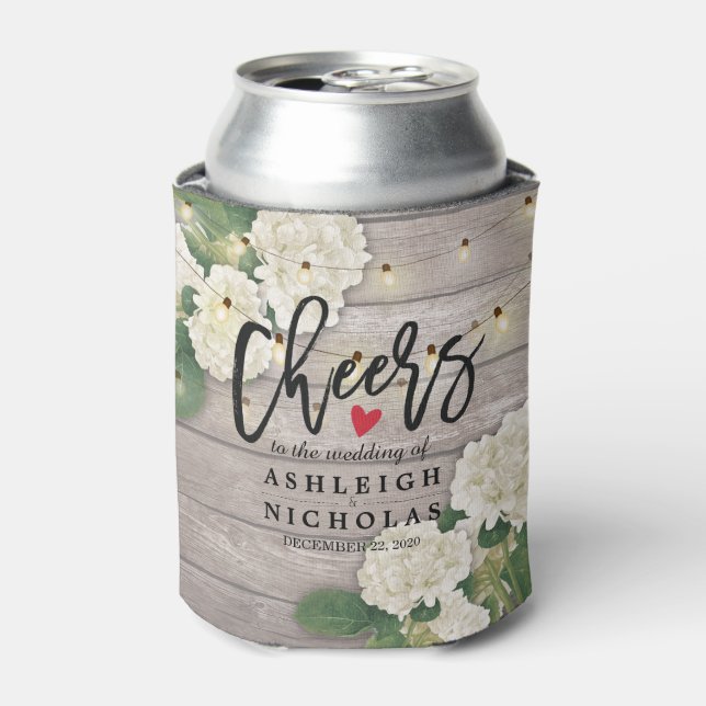 Wedding Cheers to Love Hydrangea String Light wood Can Cooler (Can Front)