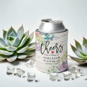 Wedding Cheers to Love Succulent Plant Rustic Wood Can Cooler