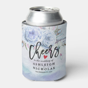 Wedding Cheers to Love Watercolor Flowers Feathers Can Cooler