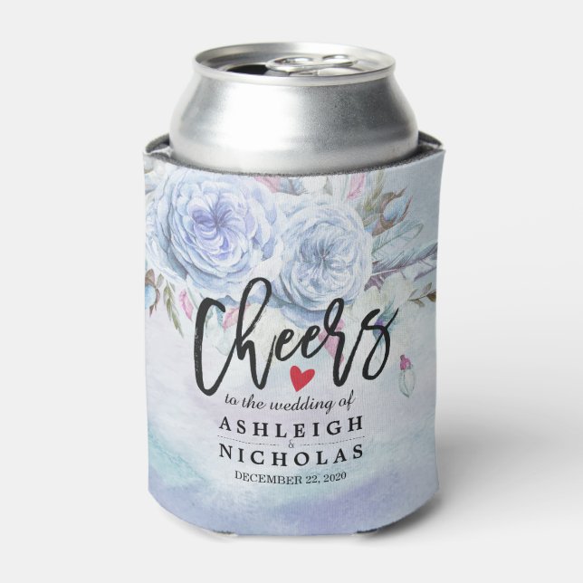Wedding Cheers to Love Watercolor Flowers Feathers Can Cooler (Can Front)