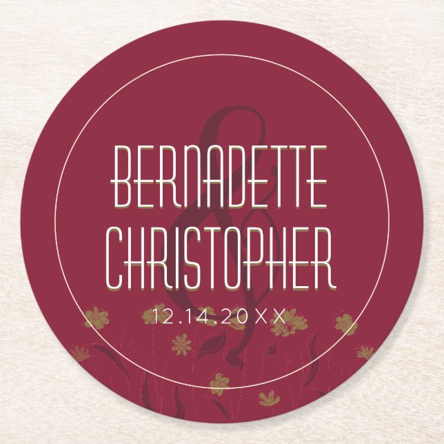 Wedding Chic Modern Elegant Simple Red Wine Round Paper Coaster (Front)