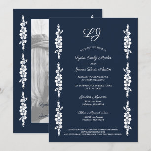 Wedding Chic Photo Navy & White Trendy Flowers Invitation