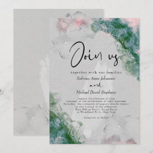 WEDDING   Chic Pine and Blush Abstract Alcohol Ink Invitation