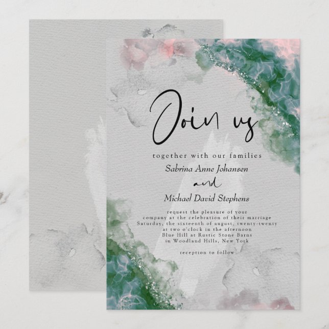 WEDDING | Chic Pine and Blush Abstract Alcohol Ink Invitation (Front/Back)