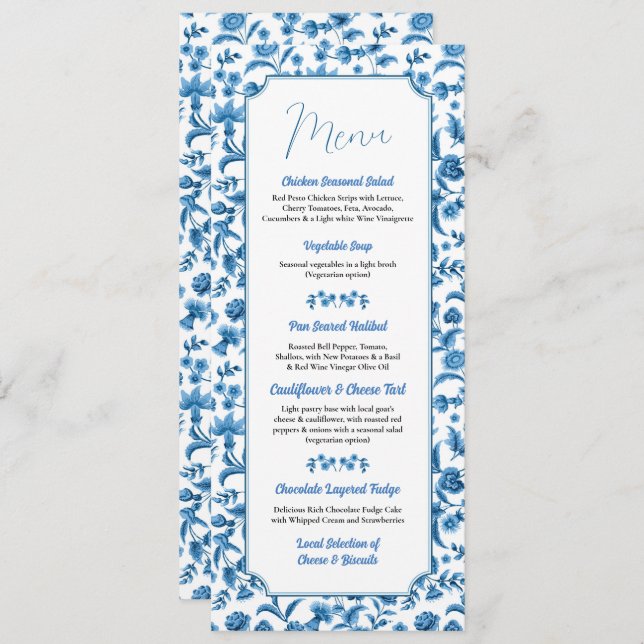 Wedding  Chintz Blue & White Floral Ditsy Menu (Front/Back)