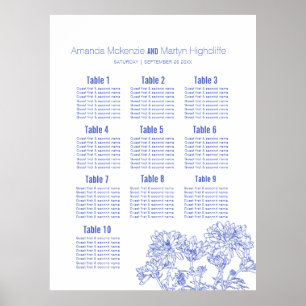 Wedding chrysanthemum blue drawn art table plan poster