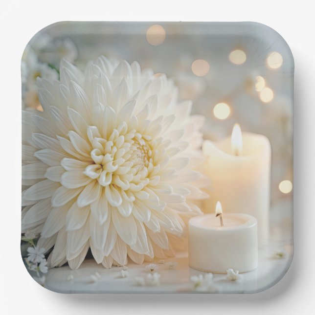Wedding Chrysanthemum Flower and Candles Paper Plate (Front)