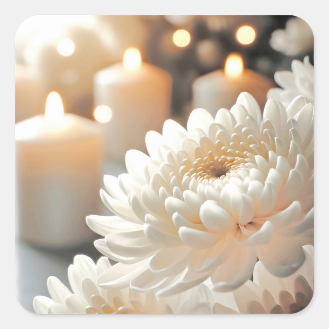 Wedding Chrysanthemum Flower and Candles Square Sticker (Front)