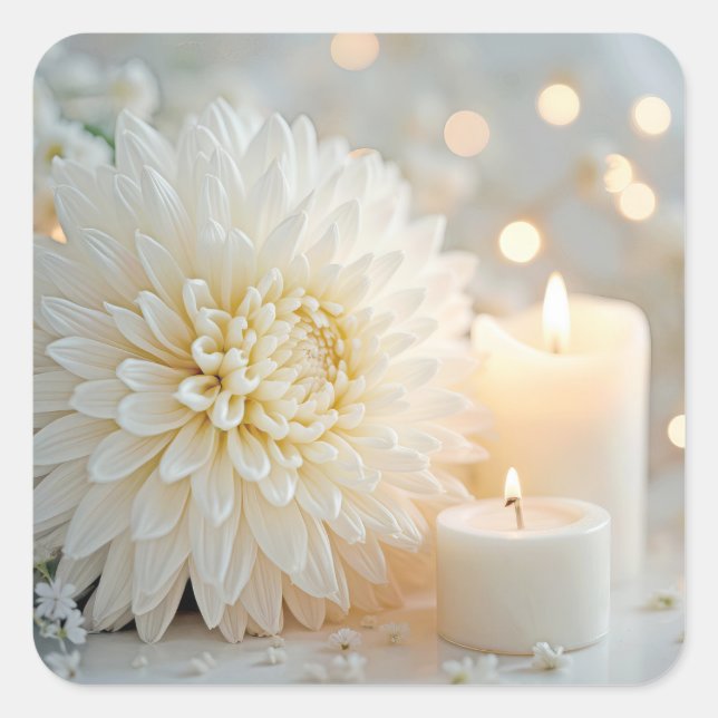 Wedding Chrysanthemum Flower and Candles Square Sticker (Front)