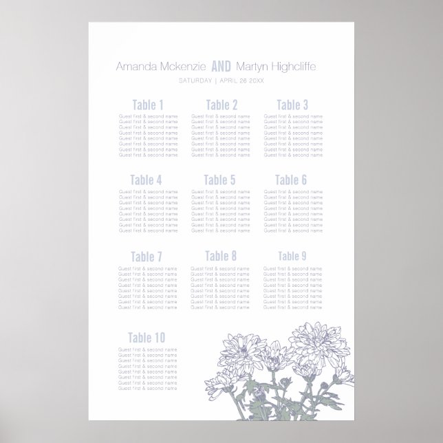 Wedding chrysanthemum white drawn art table plan poster (Front)