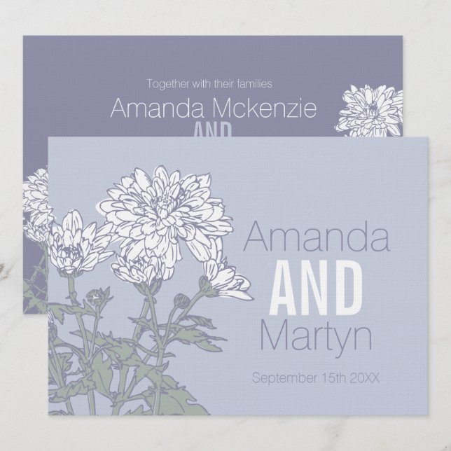 Wedding chrysanthemum white flower on grey wedding invitation (Front/Back)
