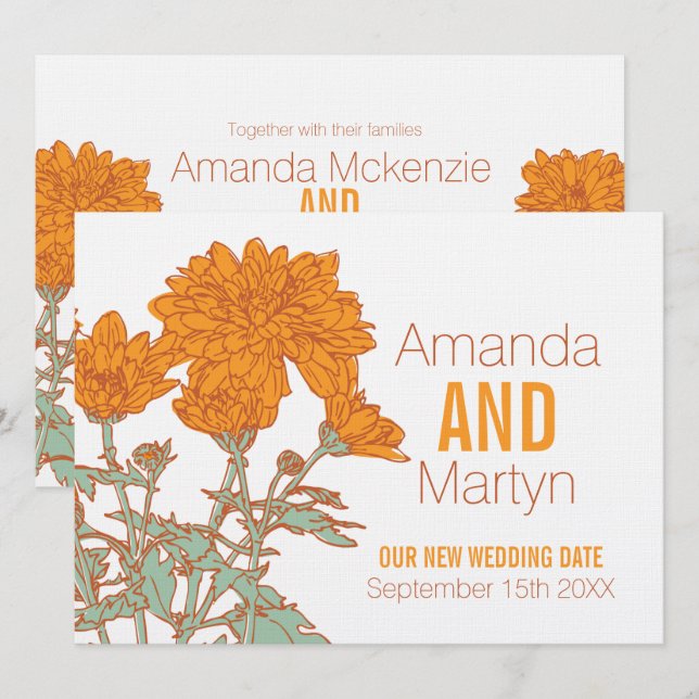 Wedding chrysanthemum white orange rescheduled invitation (Front/Back)