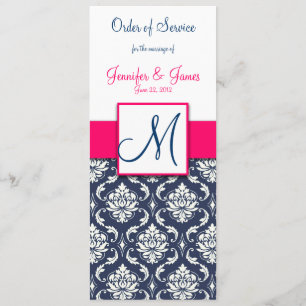 Wedding Church Program Hot Pink Navy Blue Damask Programme