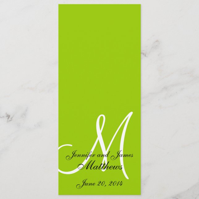 Wedding Church Program Monogram Apple Green White Programme (Front)