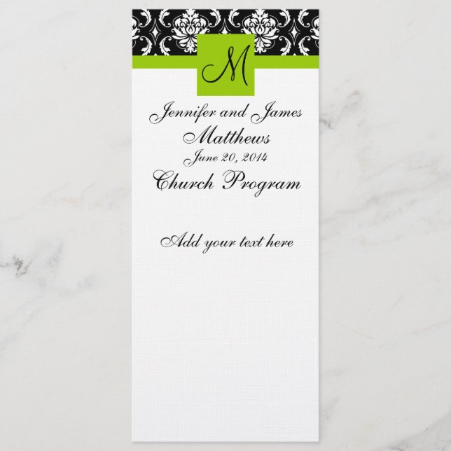 Wedding Church Program Monogram Damask Green Programme (Front)