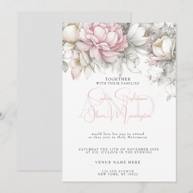 Wedding | Classic Modern Ivory and Blush Floral  Invitation (Front/Back)
