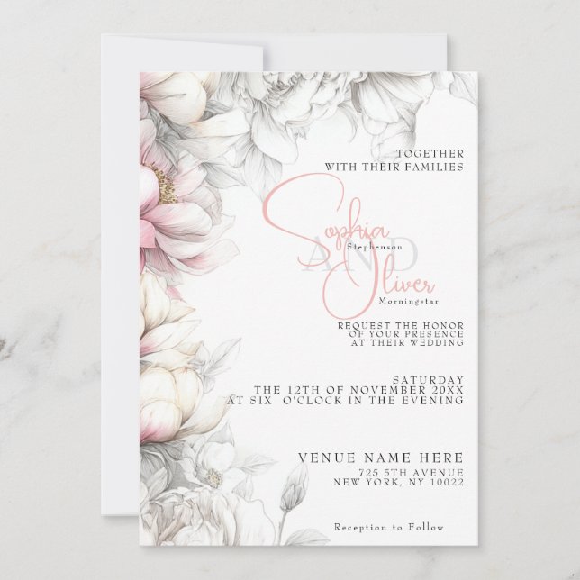 Wedding | Classic Modern Ivory and Blush Floral  Invitation (Front)