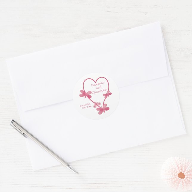 Wedding Classic Round Sticker Pink Hearts (Envelope)