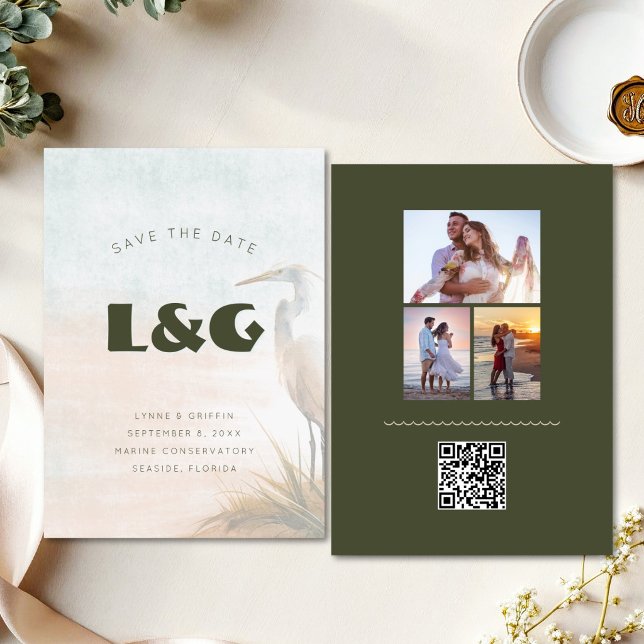 Wedding Coastal Egret Save the Date QR code (Creator Uploaded)