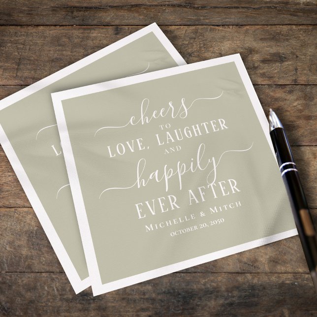 Wedding Cocktail Cheers Typography Sage Green Napkin (Sage Green typography style wedding cocktail napkin)