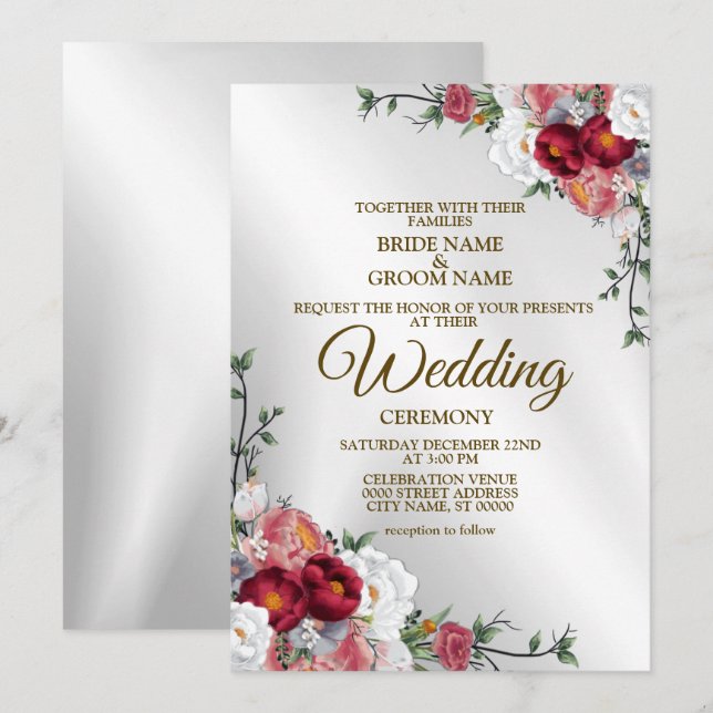 Wedding Colourful Red White Floral Silver Elegant Invitation (Front/Back)