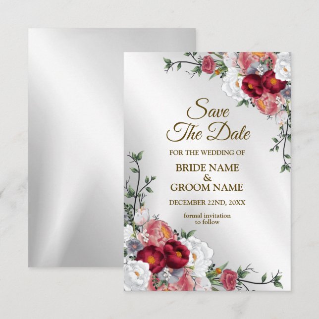 Wedding Colourful Red White Floral Silver Elegant Save The Date (Front/Back)