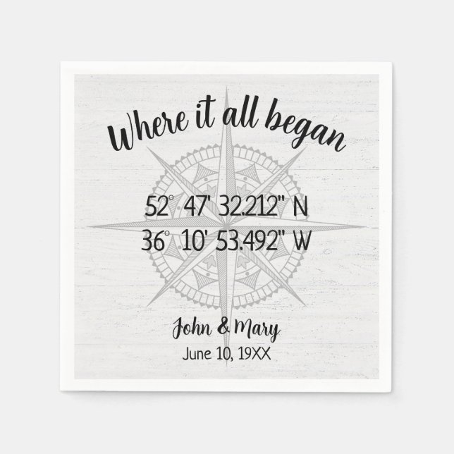 Wedding Compass GPS Coordinates  Napkin (Front)