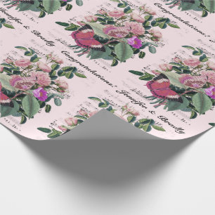 Wedding Congratulations Add Names Rose Ephemera Wrapping Paper