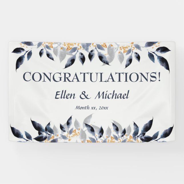 Wedding Congratulations Banner Elegant Blue Gold (Horizontal)