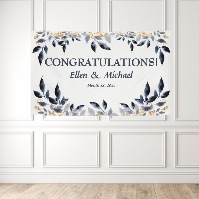 Wedding Congratulations Banner Elegant Blue Gold (Wedding Congratulations Banner Elegant Blue Gold)