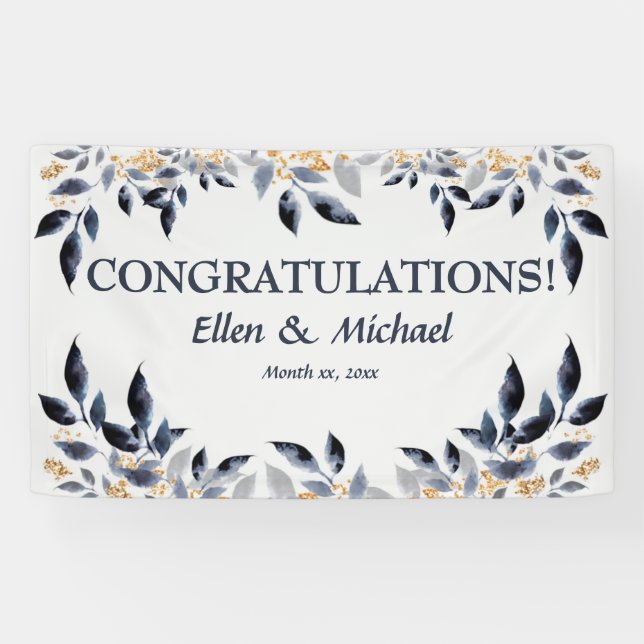 Wedding Congratulations Banner Elegant Blue Gold (Horizontal)