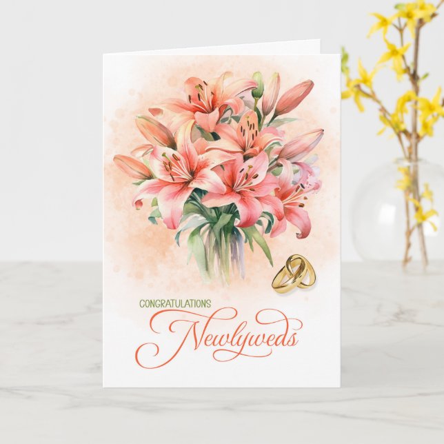 Wedding Congratulations Newlyweds Peach Lilies Card (Yellow Flower)
