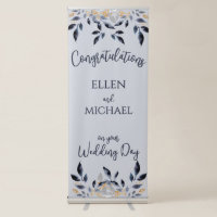 Wedding Congratulations Sign Blue Leaves and Gold 